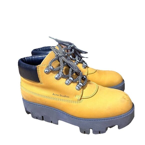 Acne Studios Boots Womens 37 Nubuck Suede Leather Yellow Platform Chunky Bootie - Picture 1 of 9